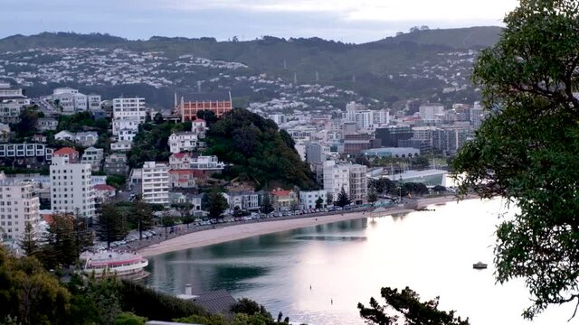 A view of Oriental Bay, waterfront, harbour, church and houses in the capital city, Wellington, New Zealand Aotearoa