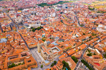 Aerial view of Leon cityscape with Santa Maria de Leon Cathedral and bullring, Spain