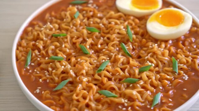 Ramyeon or Korean instant noodles with egg - Korean food style