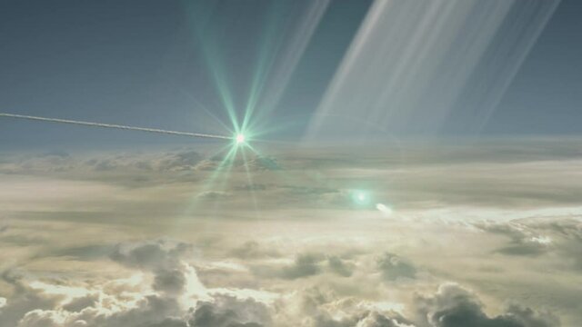 Dramatic 3D CGI animated render of the Cassini spacecraft on its death dive and glowing like a star, as it races through the atmosphere of the planet Saturn, with Saturn's rings visible in the sky