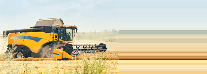 A modern combine harvester is harvesting a wheat field.