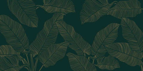 Luxury nature gold leaves line art background vector. Floral pattern, Golden tropical plant hand drown line art. Natural green and dark wallpaper. Vector illustration.