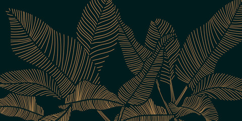 Luxury nature gold leaves line art  background vector. Floral pattern, Golden tropical plant hand drown line art. Natural green and dark wallpaper. Vector illustration. © TWINS DESIGN STUDIO