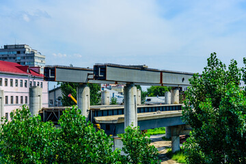 Construction of the bridge across river Dnieper in Kiev, Ukraine