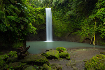 Waterfall landscape. Beautiful hidden waterfall in tropical rainforest. Nature background. Slow...