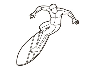 Surfing Sport Male Player Surfer Action Cartoon Graphic Vector