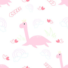 Seamless Pink Dinosaur. For wall decoration Kindergarten, Nursery, tablecloth, gift wrap, card etc. Illustration abstract art design.