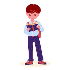 A schoolboy stands with book. Vector illustration in flat cartoon style. Isolated on a white background.