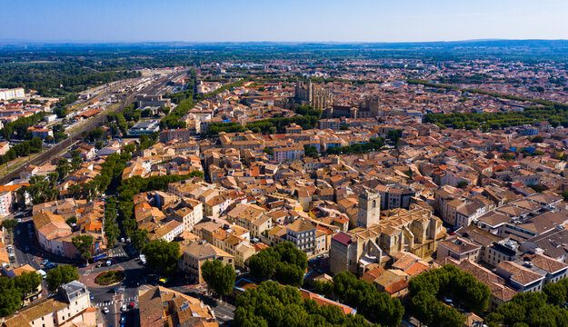 Panoramic aerial view of district of Narbonne with apartment buildings