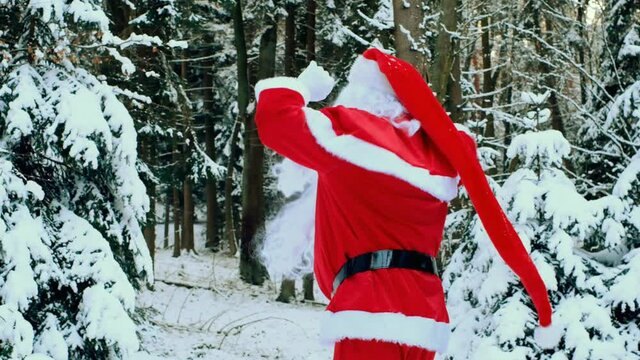 Dancing Santa Claus.Slow motion.Santa Claus dancing in the winter snowy forest.Merry Christmas. High quality 4k footage