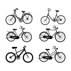 set of bicycle silhouette, flat set. black and white