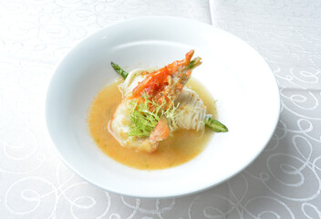 premium braised thread vermicelli noodle with big tiger prawn seafood in stock soup in white background asian halal menu