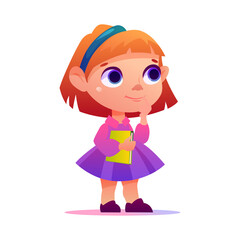 Preschooler child with a book in his hands. A girl of primary school age. Funny cartoon character. Vector illustration.