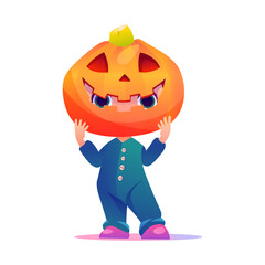 Preschooler child with a pumpkin on his head. Halloween outfit. Primary school boy. Funny cartoon character. Vector illustration.