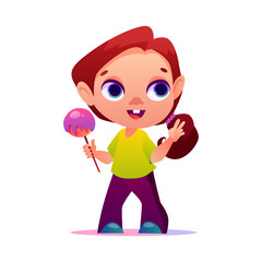 Preschooler child with candy in hands. A girl of primary school age. Funny cartoon character. Vector illustration.