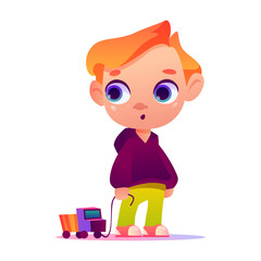 Preschooler child with a toy in his hands. Primary school boy. Funny cartoon character. Vector illustration.