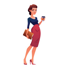Cartoon office character in flat style. A beautiful woman in a skirt, with coffee and a folder in her hands. Vector illustration