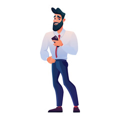 Cartoon office character in flat style. An adult man in a shirt with a tie, with a smartphone in his hand. Business man. Manager. Office employee.