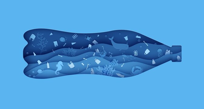 Plastic Bottle from hole with garbage underwater in paper cut style. Blue ocean waves with whale fish crab turtle and other marine animals . 3d realistic vector background for environmental poster