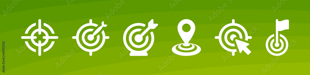 Poster Set of target icon. Containing target point, arrow on dartboard target, map pin on dartboard, center point, flag on target vector illustration.