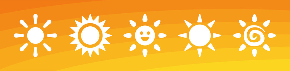 Sun icon collection on orange yellow background. Sunny, summer concept