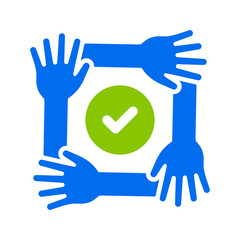 Four hands support each other with check mark icon, concept of teamwork, icon vector illustration