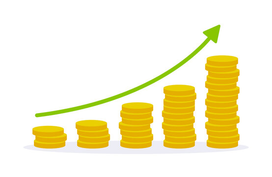 Vector growing graph icon with stack of coins. Profit, earning, income, gain money icon vector illustration