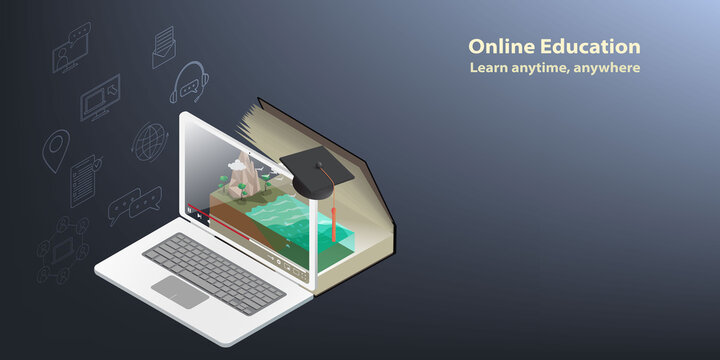Isometric vector online education Presented by laptop is displaying video content and textbook on environment for concept of learning anytime anywhere against gradient blue background