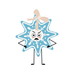 Cute Christmas snowflake with angry emotions, grumpy face, arms and legs. Joyful New Year festive decoration with furious expression