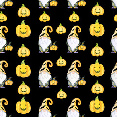 Seamless Halloween pattern with cute gnomes, pumpkins, magic cauldrons