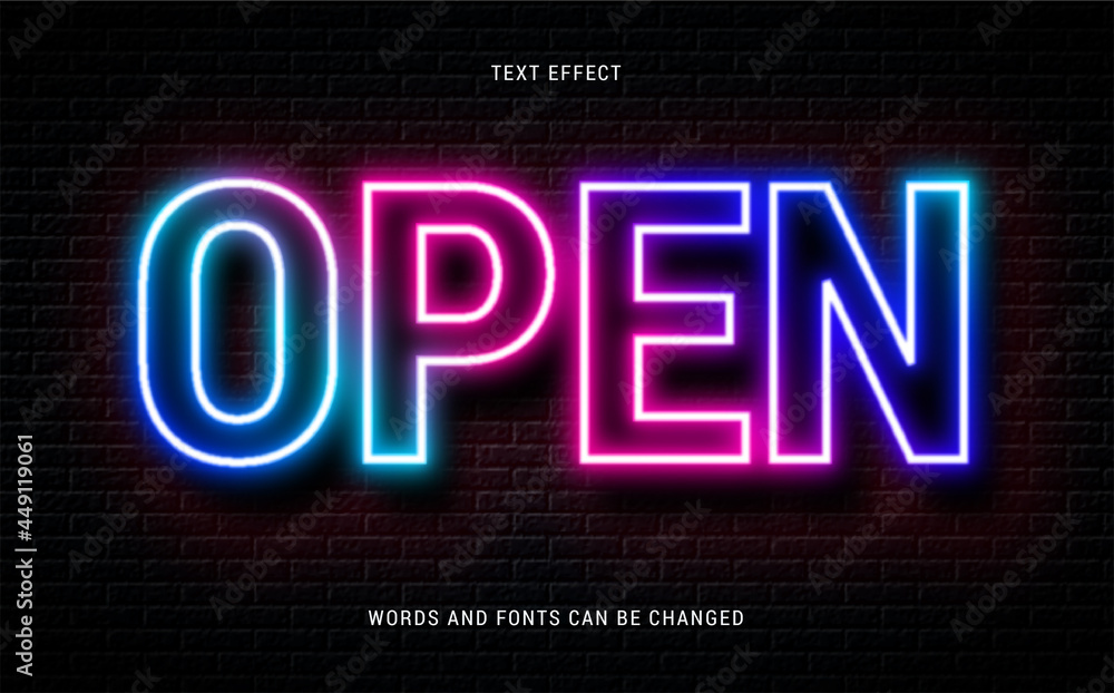 Canvas Prints open neon glowing text effect isolated on brick background. editable eps cc