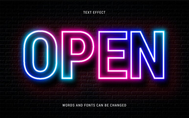 open neon glowing text effect isolated on brick background. editable eps cc