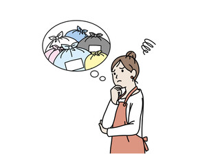 大量のゴミに困る主婦　女性　ごみ　ゴミの処理　ゴミが溜まる　悩み　イラスト素材