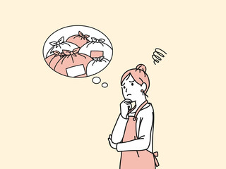 大量のゴミに困る主婦　女性　ごみ　ゴミの処理　ゴミが溜まる　悩み　イラスト素材