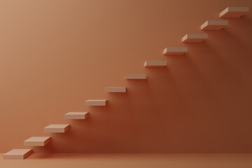 Abstract 3D rendering of rising staircase going upward in earth tone wall. 3D illustration. Business achievement, business growth concept.