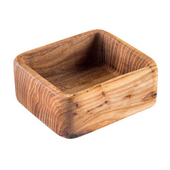 Isolated square brown empty natural wooden bowl on a white background