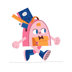Vector backpack character with 1 September and school theme. Cute pink backpack student walking to school. Backpack, stationery, ruler, notebook, pencil.