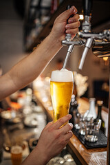Bartender's hands pouring draught beer into a glass