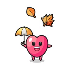 cartoon of the cute heart symbol holding an umbrella in autumn