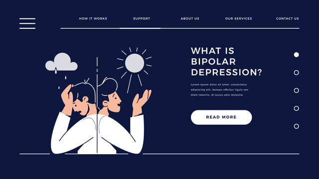 Bipolar disorder web template. Man suffers from mood swings, split mania and depression period. Manic depression, Mental illness, mood and emotional disorder for homepage.Flat vector illustration