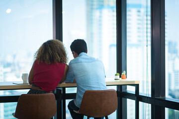 Obraz premium African American woman and caucasian man, couple people are happy together, meeting with business teamwork group