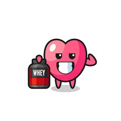 the muscular heart symbol character is holding a protein supplement