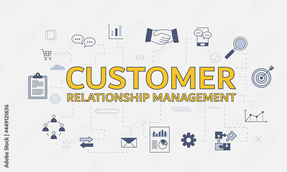 Aufkleber crm customer relationship management concept with icon set with big word or text on center