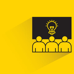 people monitoring light bulb on white board icon on yellow background
