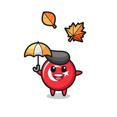 cartoon of the cute turkey flag badge holding an umbrella in autumn