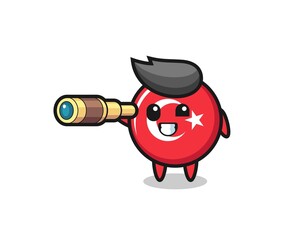 Obraz premium cute turkey flag badge character is holding an old telescope