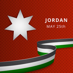 Happy Jordan independence day celebration poster. White seven-pointed star on red background. Jordanian flag. 25th of May. Vector illustration. National symbol. EPS10.