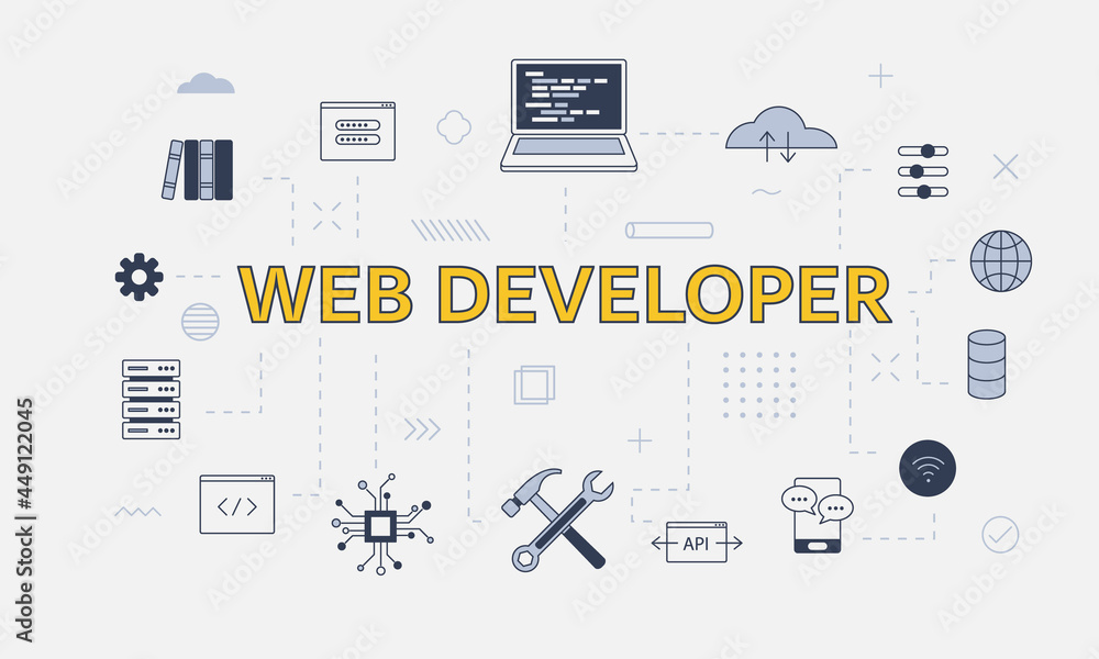 Poster website development concept with icon set with big word or text on center
