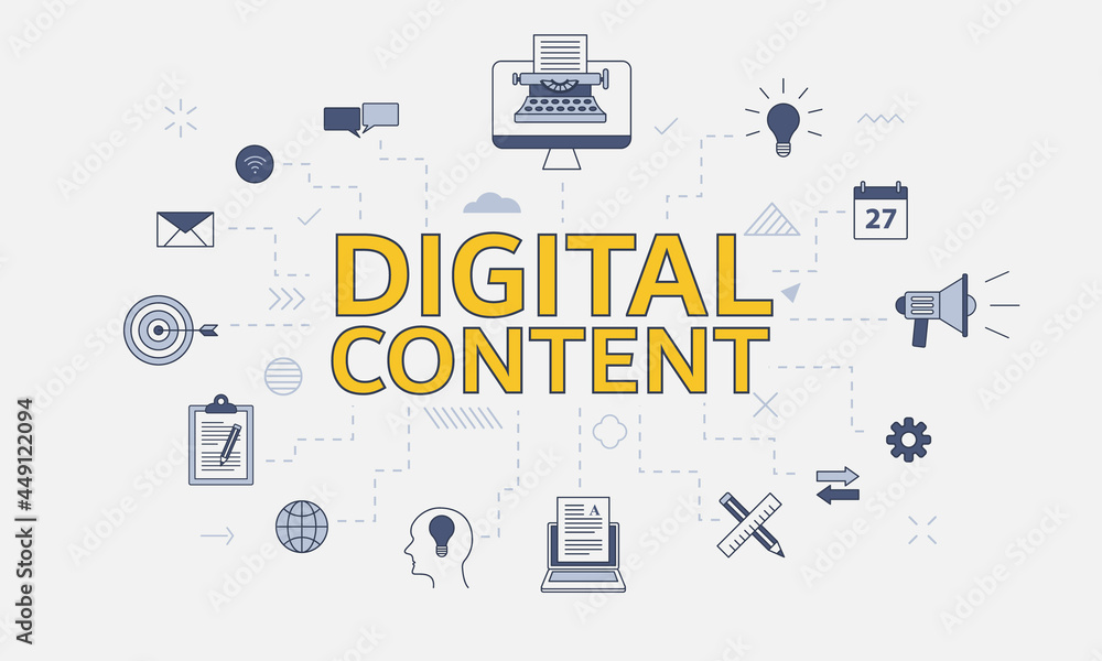 Aufkleber digital content concept with icon set with big word or text on center