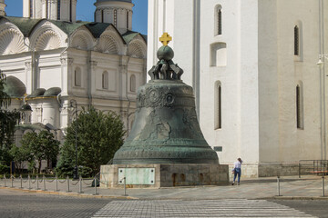 famous place bronze monument-Tsar Bell in the Kremlin close-up on a sunny summer day in Moscow...